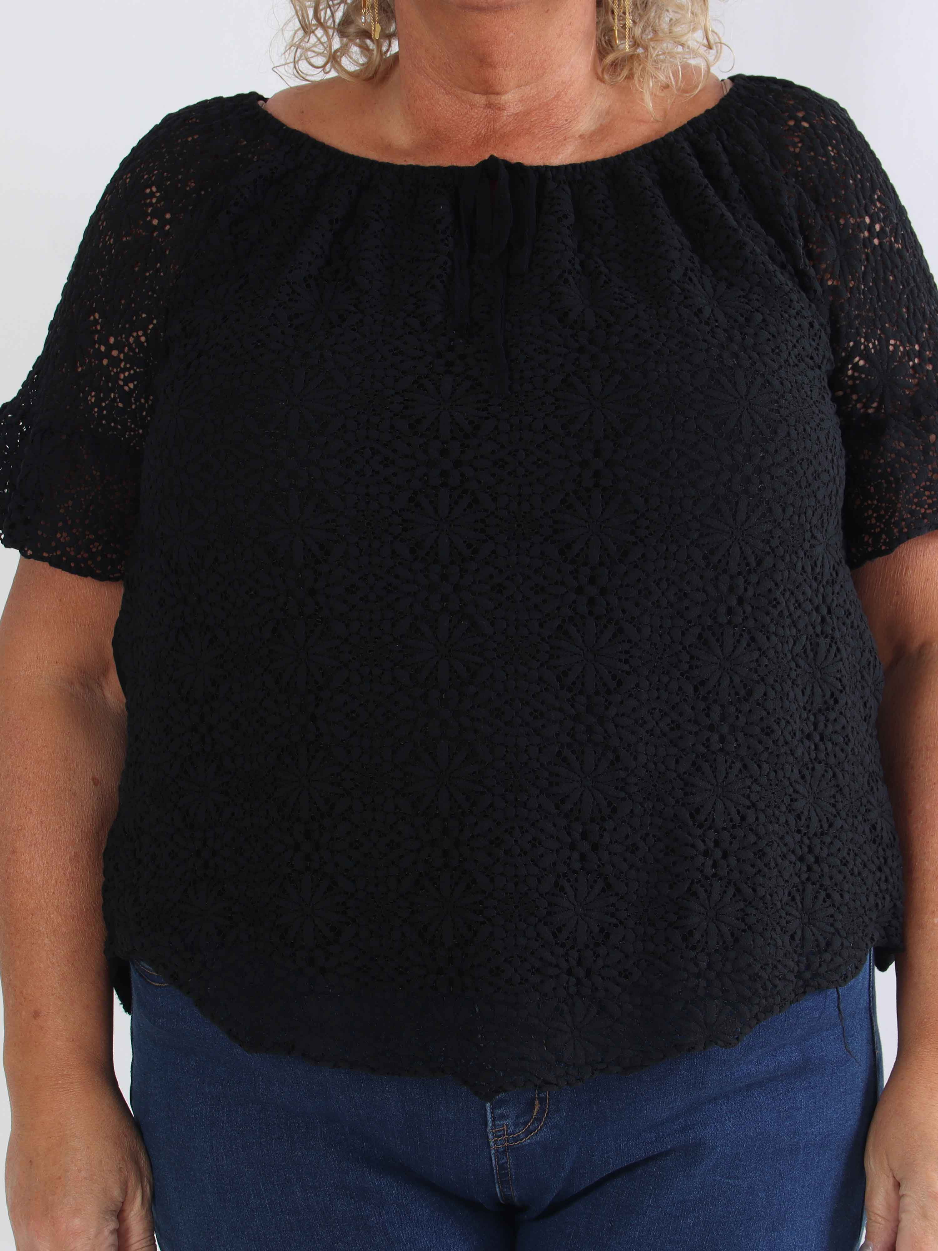 Elisa - Plus size tunika i bomuld med blonde og elastikkant i udskæringen